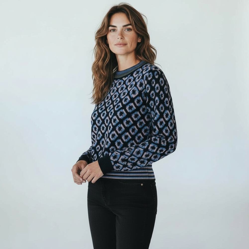 Diane von Furstenberg Merino Wool Blend Cropped Metallic Printed Sweater - Picture 3 of 13